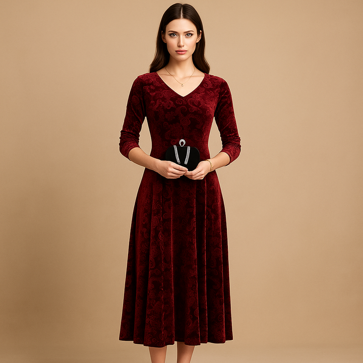 Valantomode | Charming Velvet Floral A-Line Dress for Effortless Style