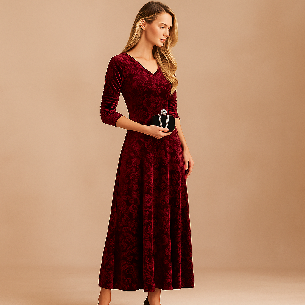 Valantomode | Charming Velvet Floral A-Line Dress for Effortless Style