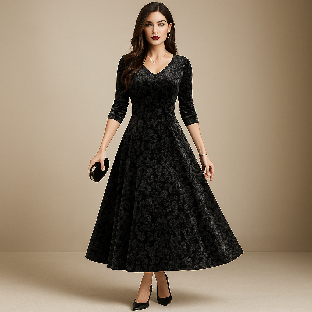 Valantomode | Charming Velvet Floral A-Line Dress for Effortless Style