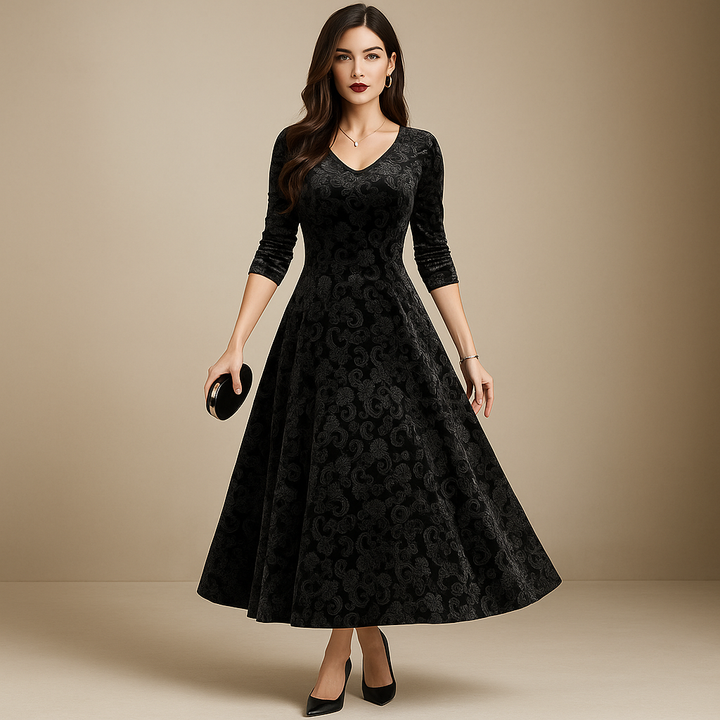 Valantomode | Charming Velvet Floral A-Line Dress for Effortless Style