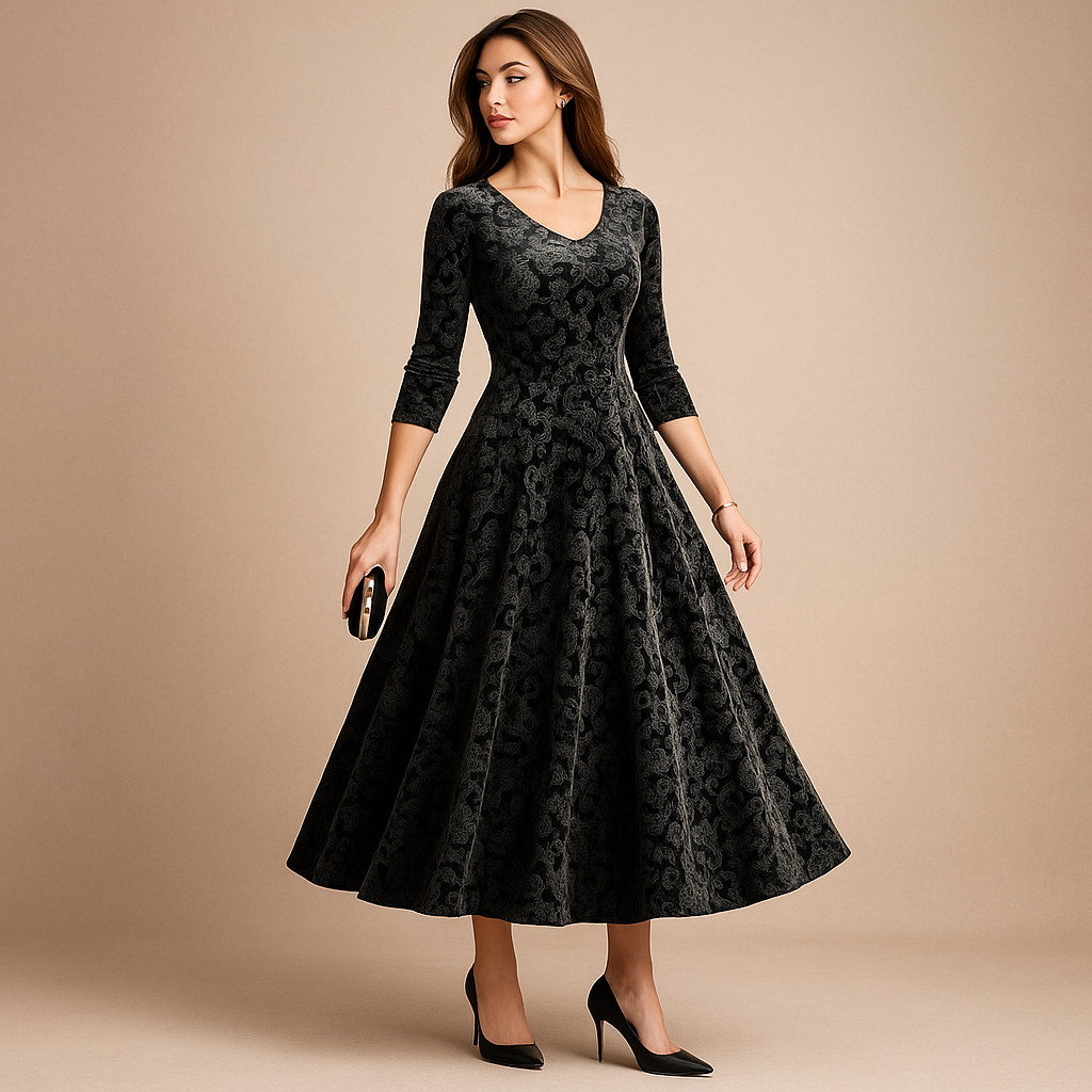 Valantomode | Charming Velvet Floral A-Line Dress for Effortless Style