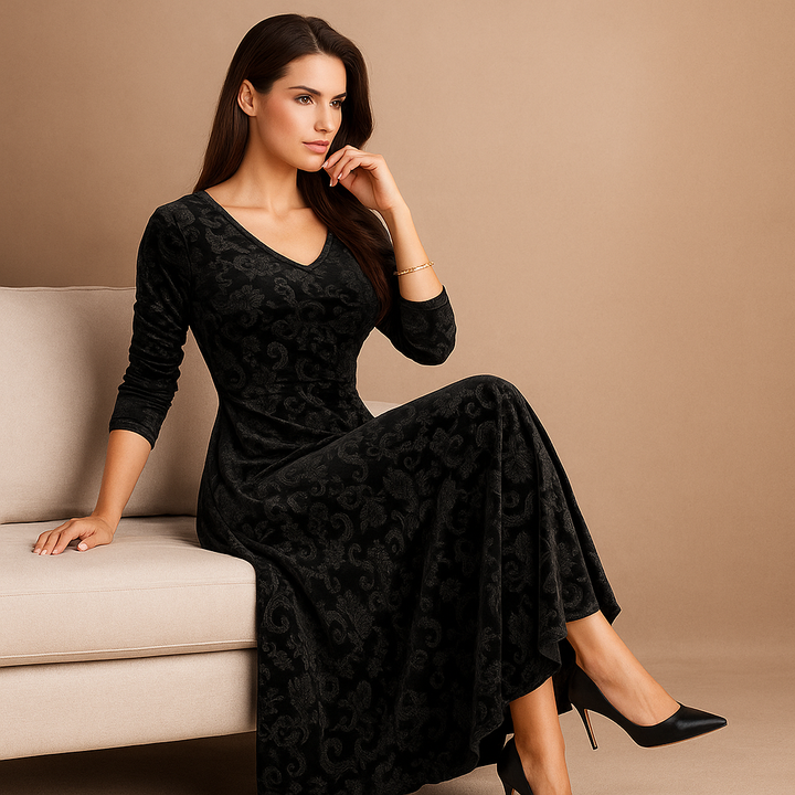 Valantomode | Charming Velvet Floral A-Line Dress for Effortless Style