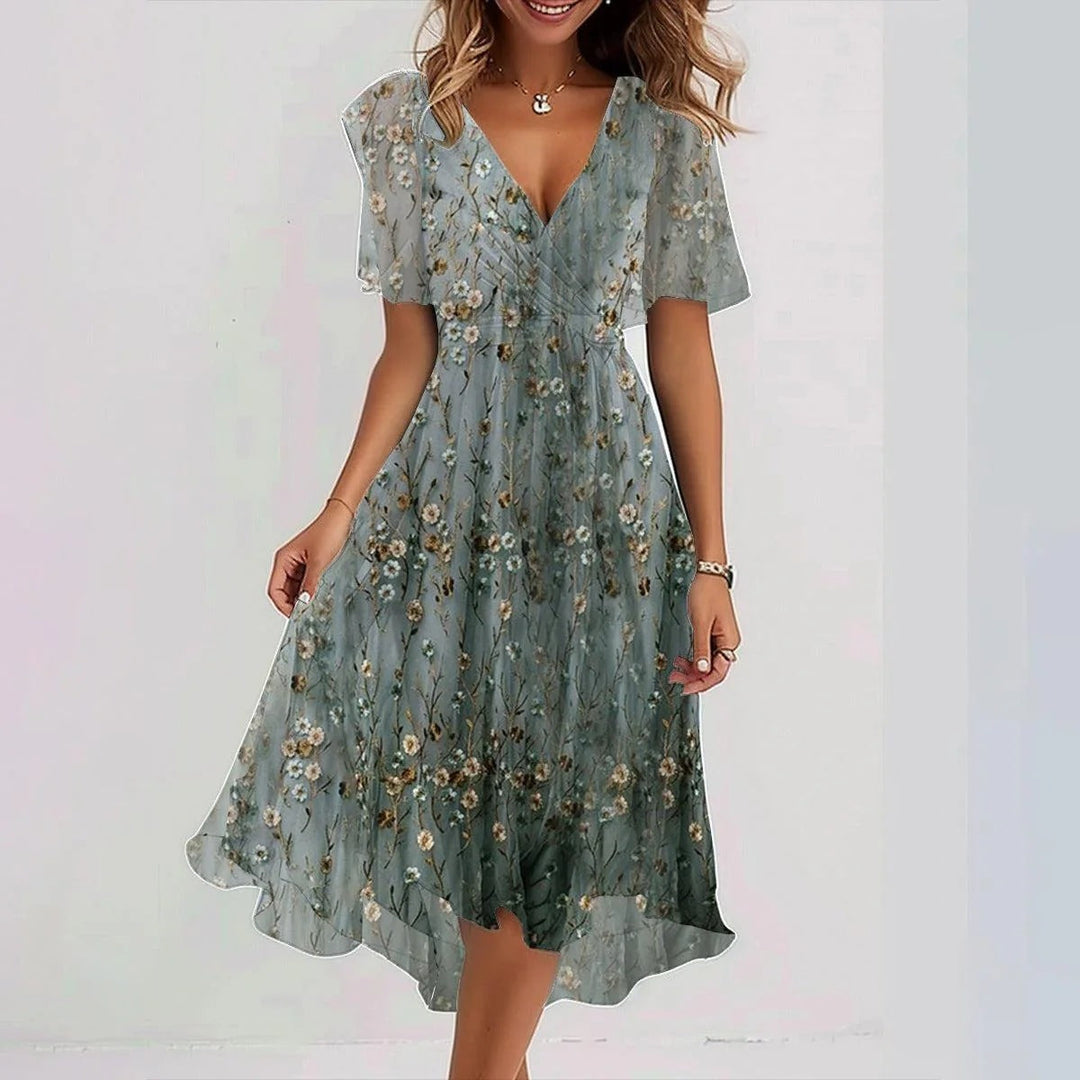 Valantomode | Floral V-Neck Midi Wrap Dress for Your Next Vacation
