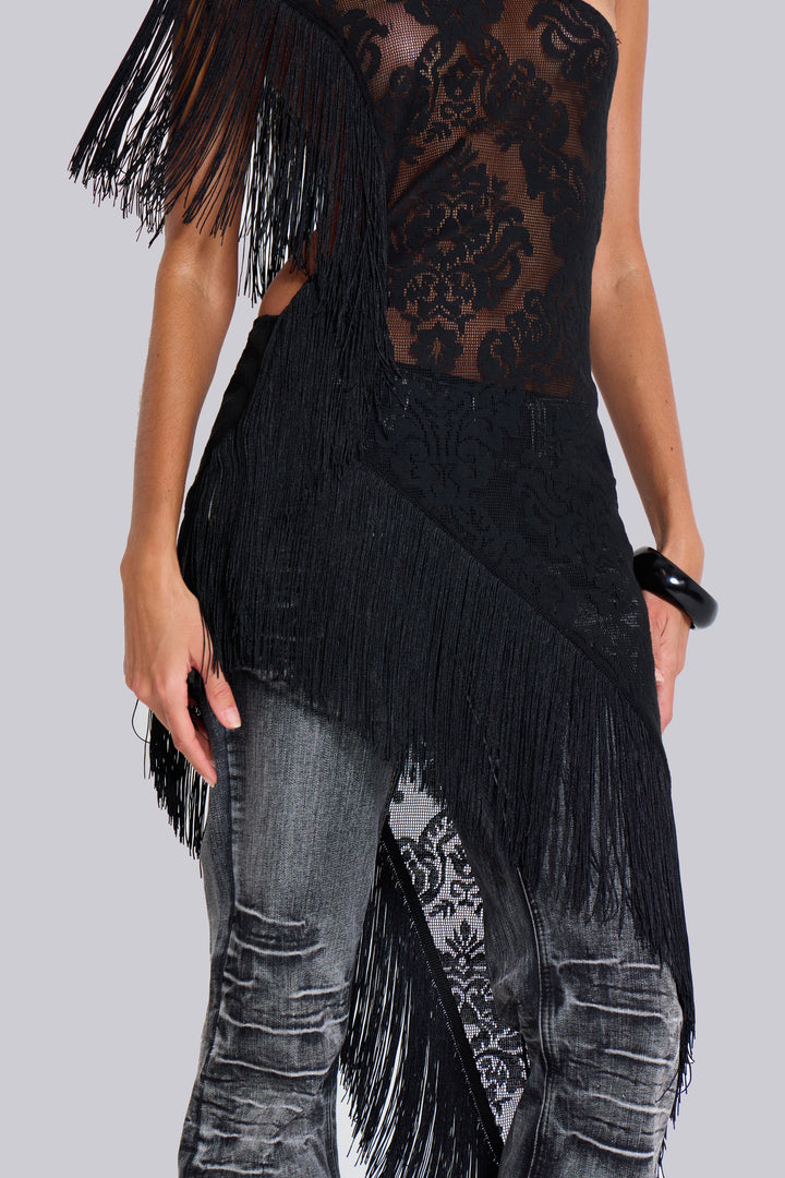 Valantomode | Chic Lace Detail Dress with Bohemian Fringe for Women