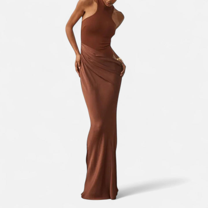 Valantomode | Women’s Satin Cut-Out Maxi Dress Silky Grace Sculpted Elegance