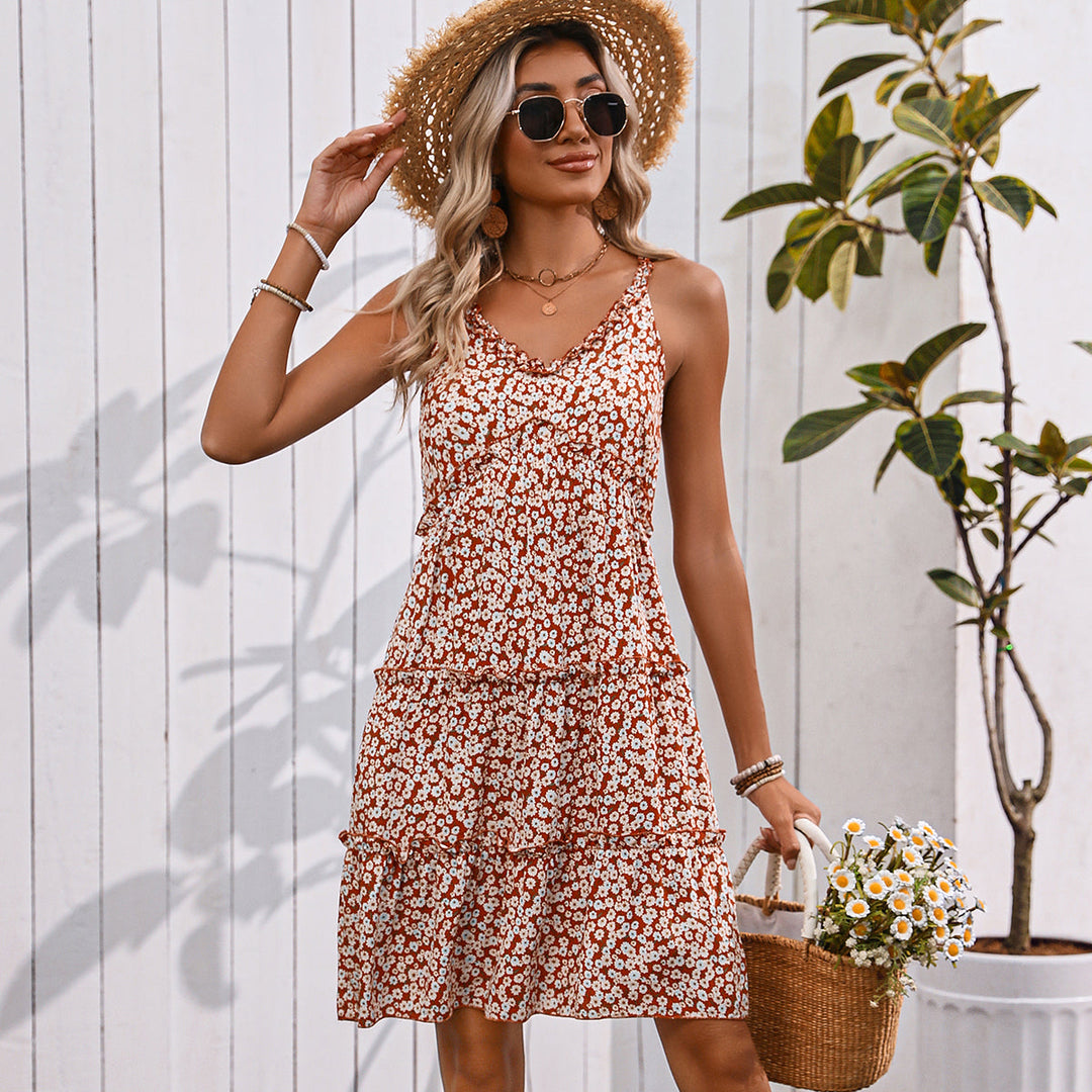 Valantomode | V Neck Floral Frill Mini Dress for Effortless Summer Style