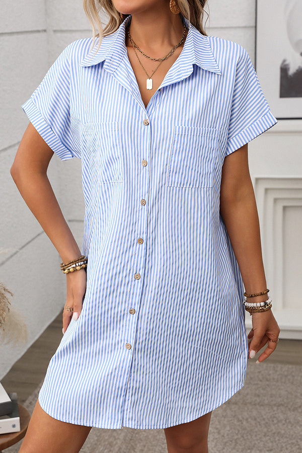 Valantomode | Chic Stripe Print Short Sleeve Shirt Dress for Effortless Style