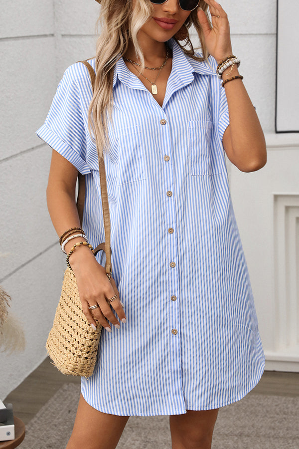 Valantomode | Chic Stripe Print Short Sleeve Shirt Dress for Effortless Style