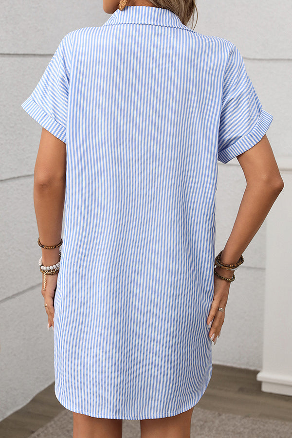 Valantomode | Chic Stripe Print Short Sleeve Shirt Dress for Effortless Style