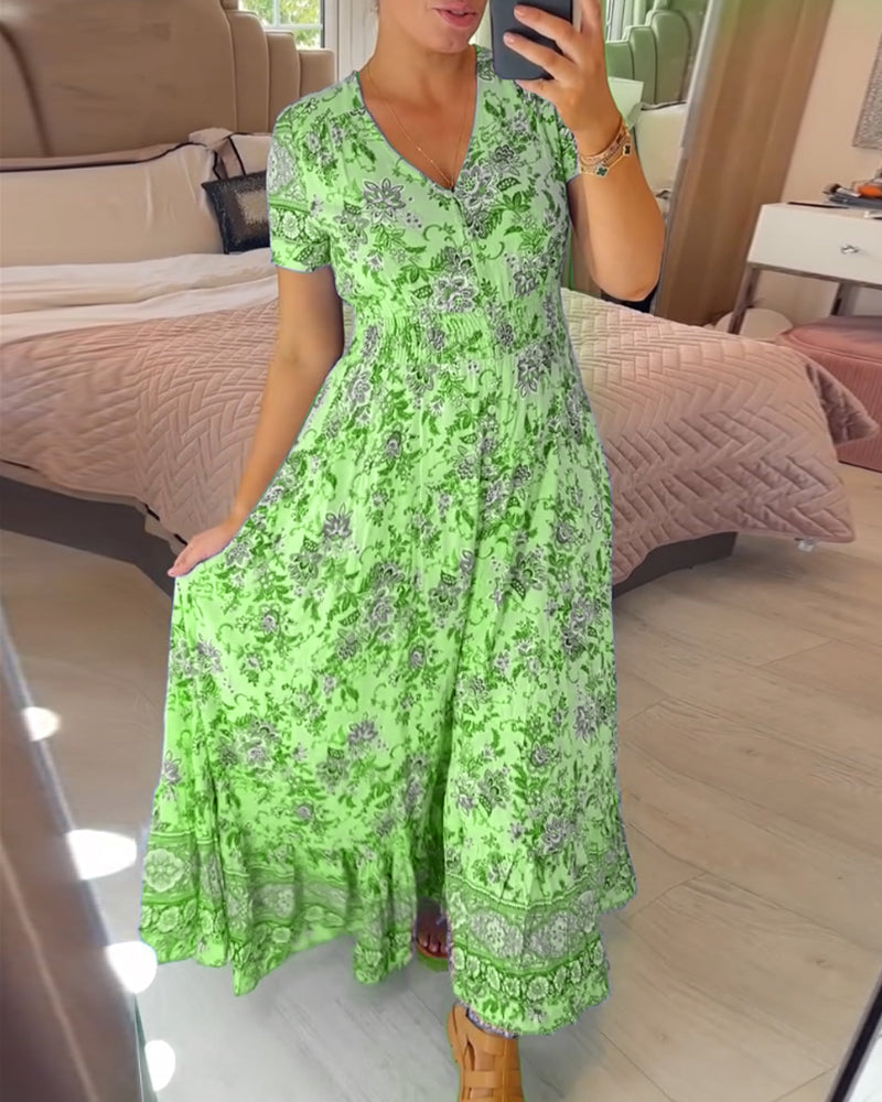 Valantomode | Chic V-Neck Floral Dress for Effortless Summer Glamour