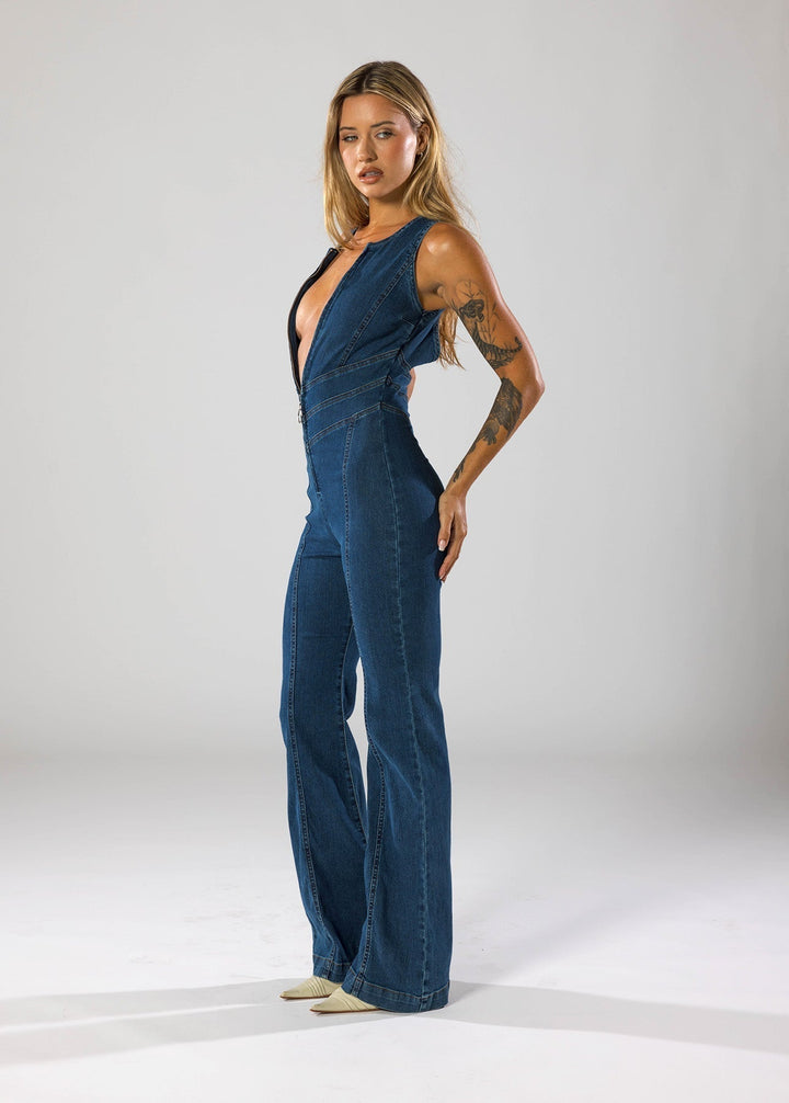 Valantomode | Chic Deep V-Neck Zipper Jumpsuit for Effortless Style