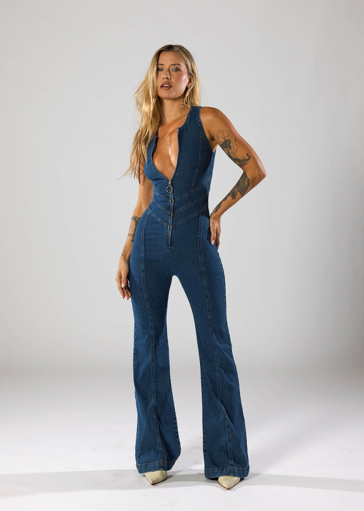 Valantomode | Chic Deep V-Neck Zipper Jumpsuit for Effortless Style
