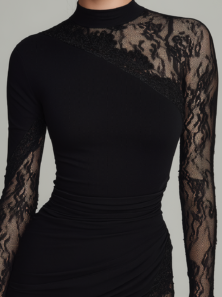 Valantomode | Asymmetrical Lace Tulle Mini Dress with Turtleneck and Long Sleeves
