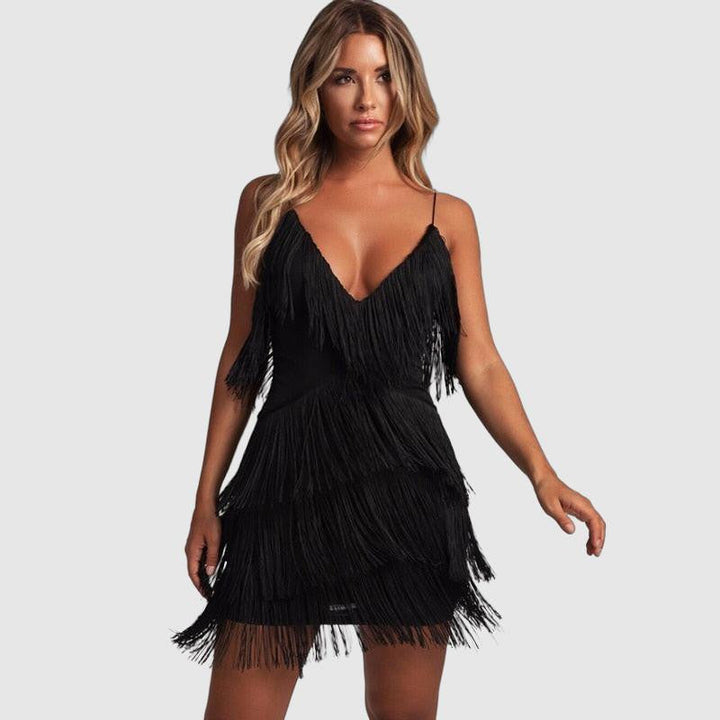 Valantomode | Chic V-Neck Mini Dress with Sleeveless Fringe Details