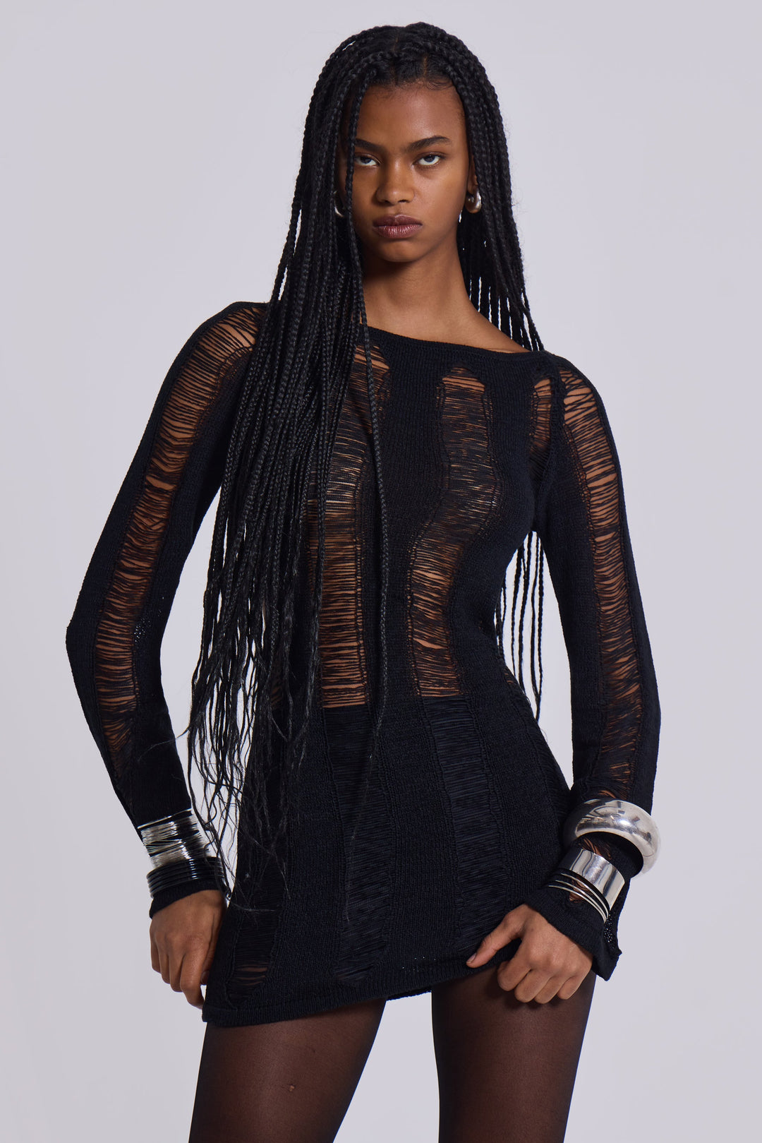 Valantomode | Trendy Black Shredded Mini Dress for Stylish Nights Out