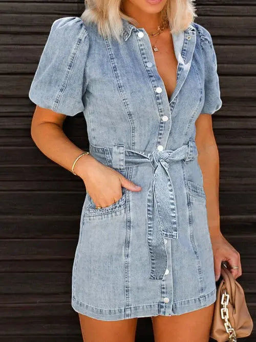 Valantomode | Stylish Denim Dress with Puff Sleeves and Button Detail