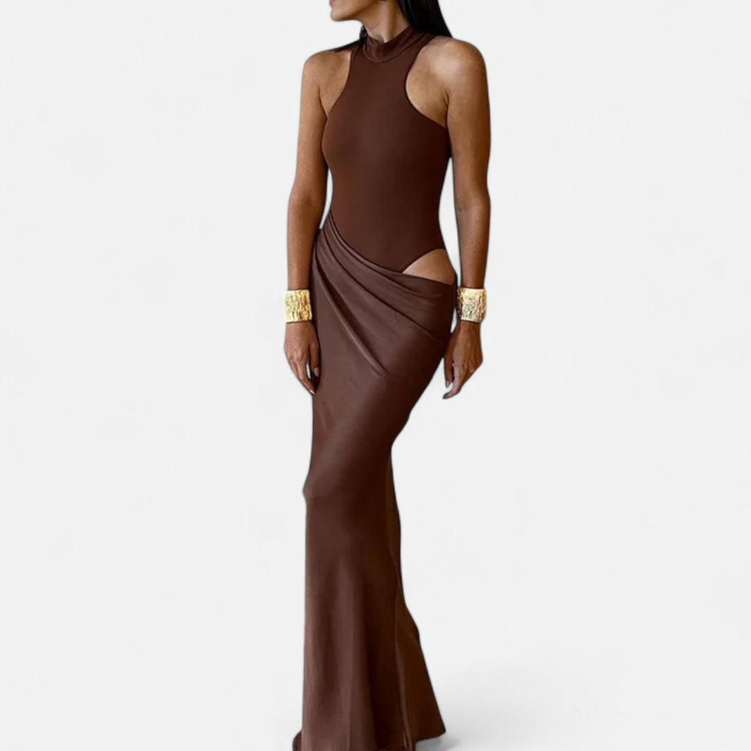 Valantomode | Women’s Satin Cut-Out Maxi Dress Silky Grace Sculpted Elegance