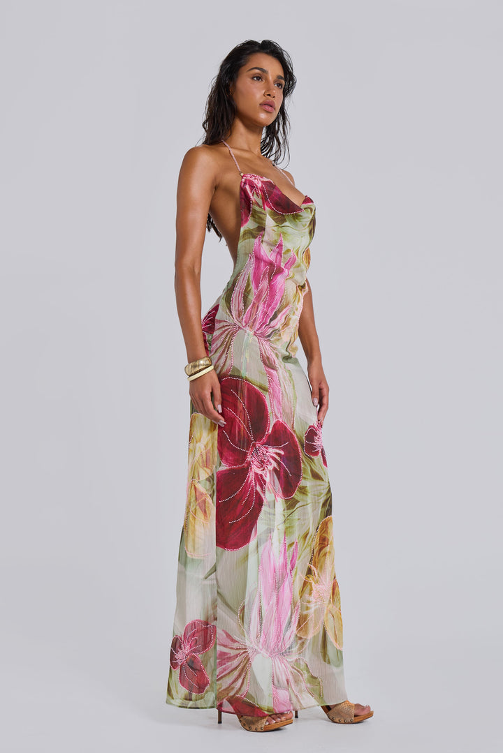 Valantomode | Stunning Pink Backless Maxi Dress with Hand-Beaded Details