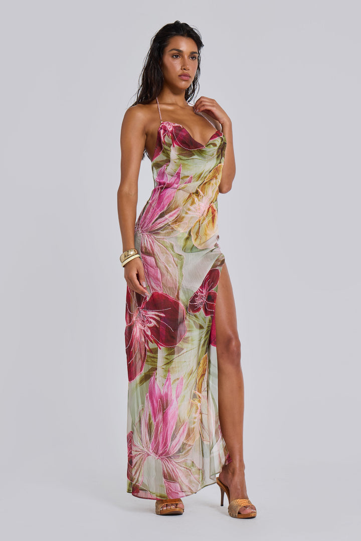 Valantomode | Stunning Pink Backless Maxi Dress with Hand-Beaded Details