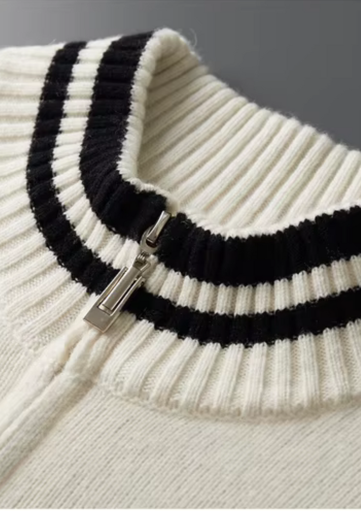 Valantomode | Men’s Two-Tone Collar Zip Knit – Textural Dominance & Modern Hybridity