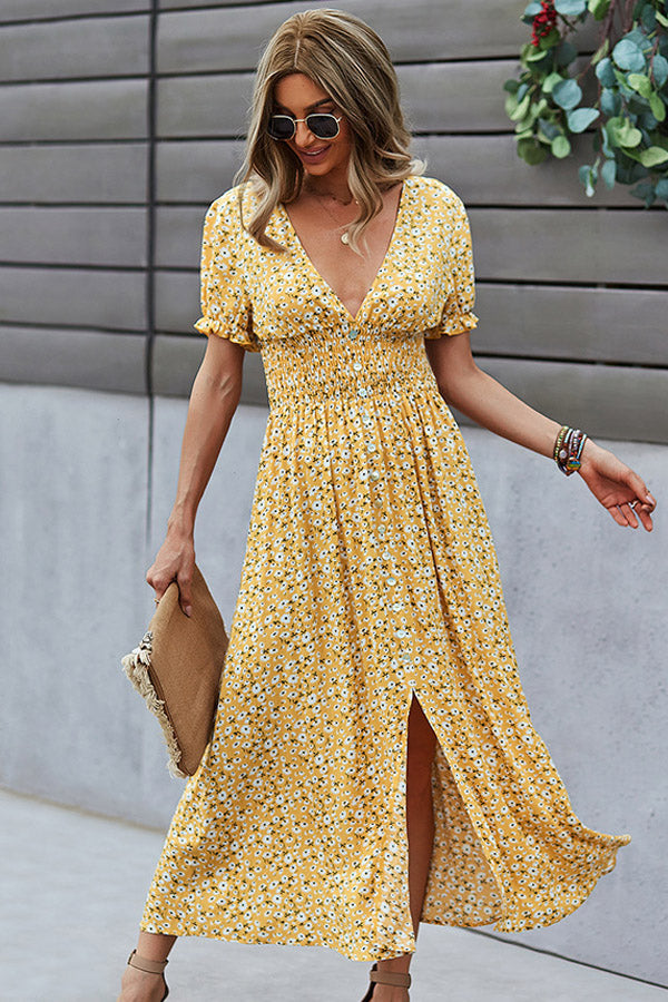 Valantomode | Floral Print V Neck Smocked Maxi Dress for Effortless Style