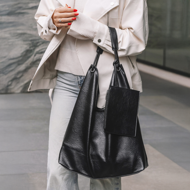 Valantomode | Aria Vertical Slouch – Premium Vegan Leather Oversized Tote with Modular Pouch