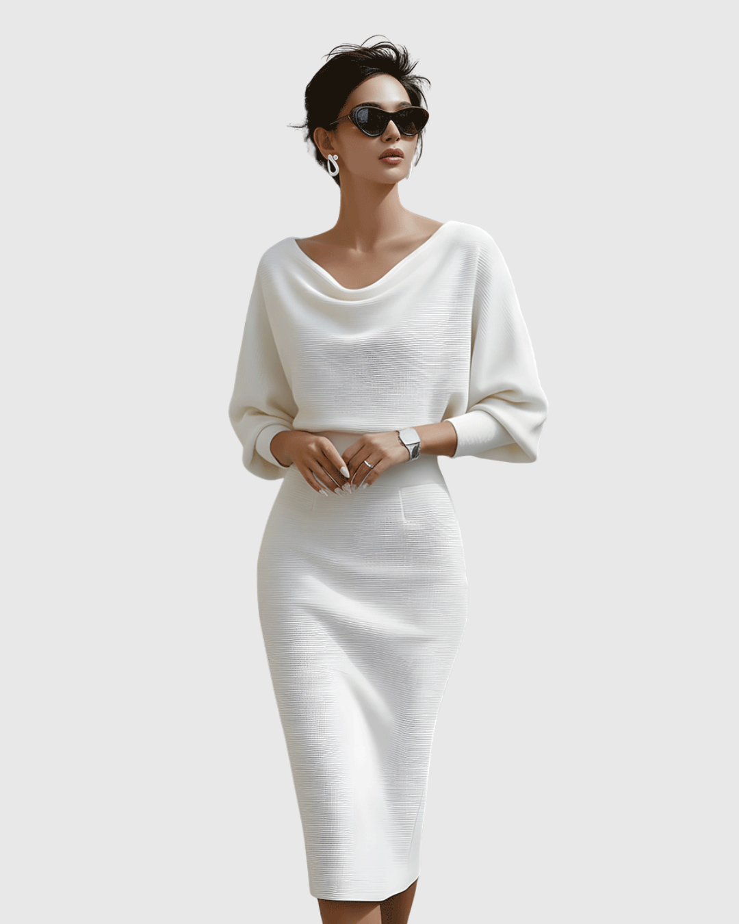 Valantomode | Stylish White Batwing Midi Dress for Women’s Fashion