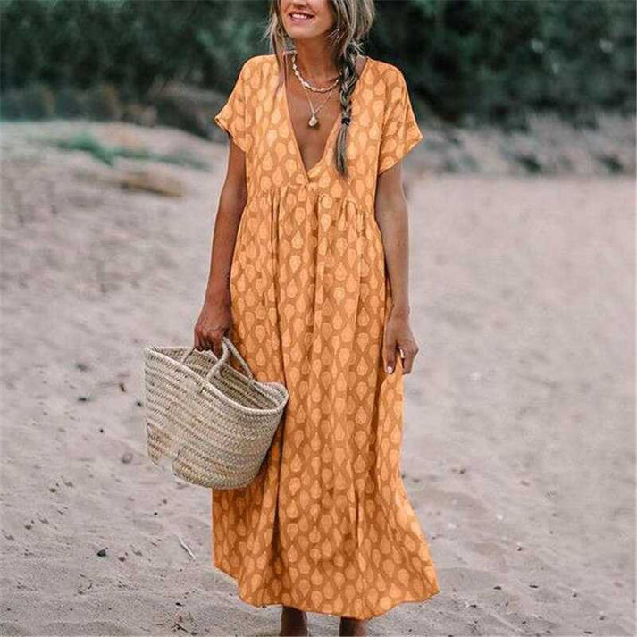 Valantomode | Stylish V-Neck Bohemian Dress for Effortless Summer Appeal