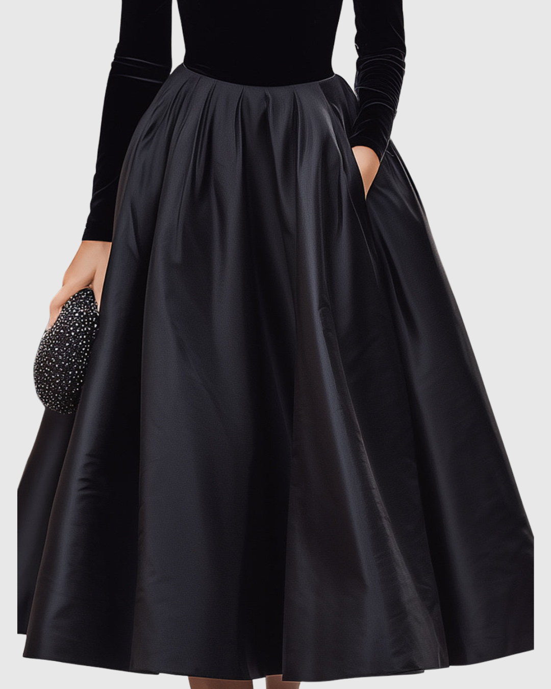 Valantomode | Chic Black Velvet and Satin Midi Dress for Evening Events