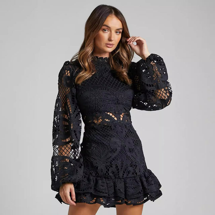 Valantomode | Lace Puff Sleeve Mini Dress for Effortless Elegance