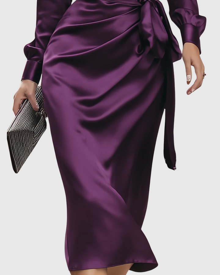 Valantomode | Beautiful Deep Plum Satin Midi Dress for Night Out