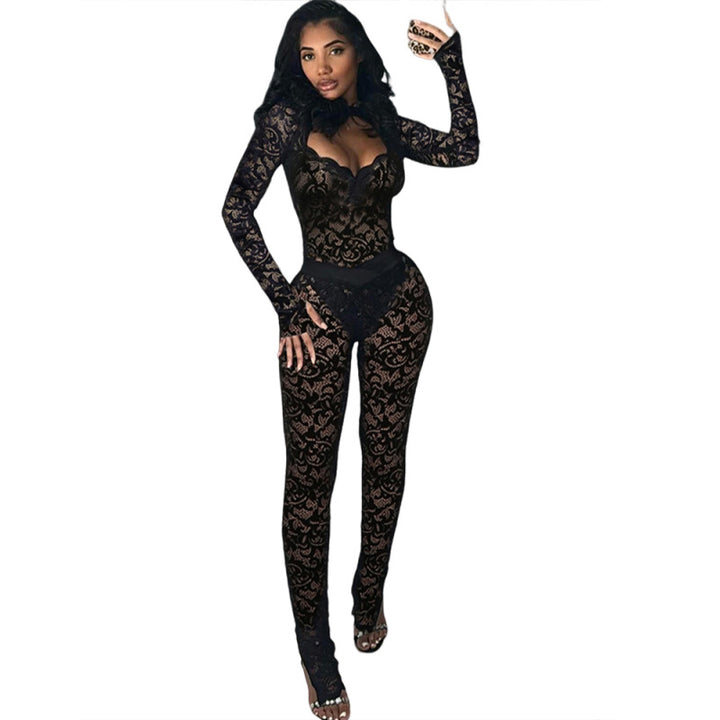 Valantomode | Elegant Black Sheer Lace Cut-Out Jumpsuit & Gloves Set