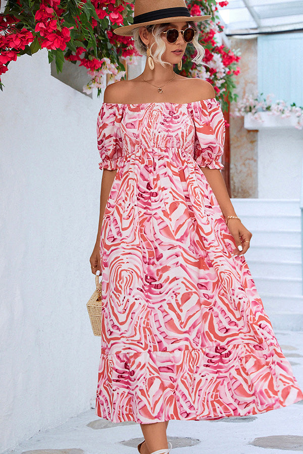 Valantomode | Off-Shoulder Smocked Midi Dress with Beachy Prints