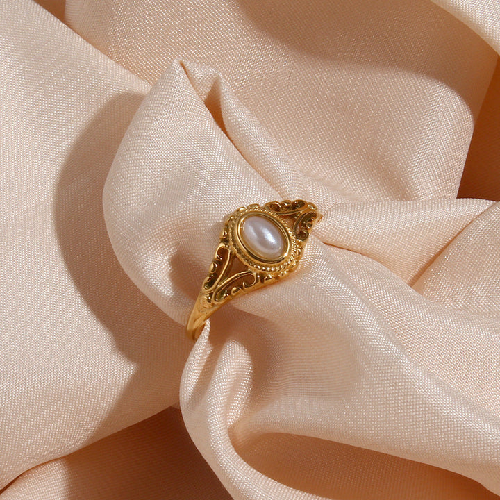 Valantomode | Plated Kendra Vintage Ring with Filigree-Imbricated Architecture and Freshwater Pearl