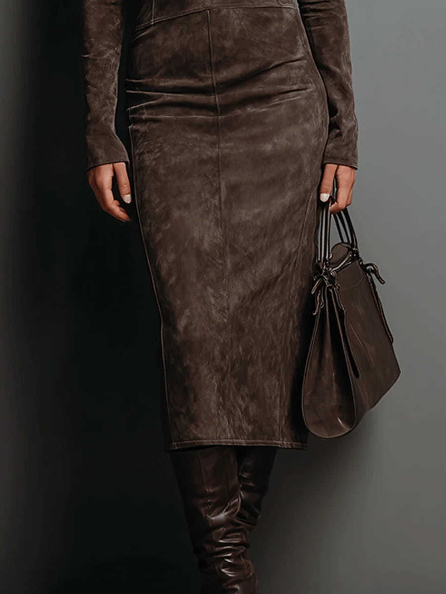 Valantomode | Chic Suede Midi Dress Perfect for Fall Evenings Out
