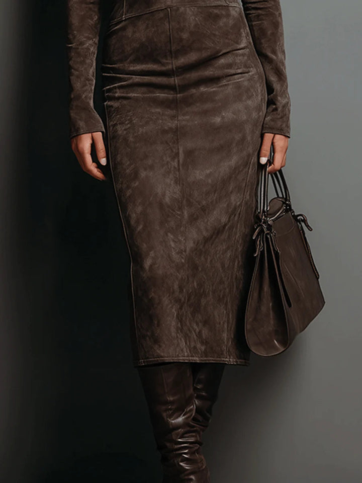 Valantomode | Chic Suede Midi Dress Perfect for Fall Evenings Out
