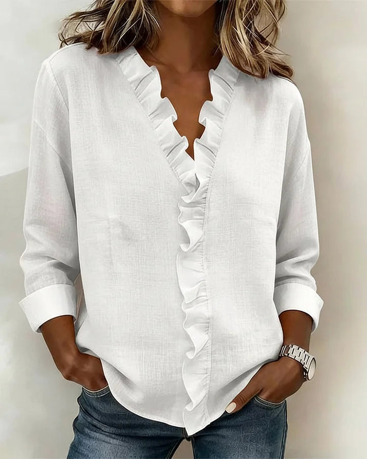 Valantomode | Blouse with Ruffles, V-Neck, Long Sleeves