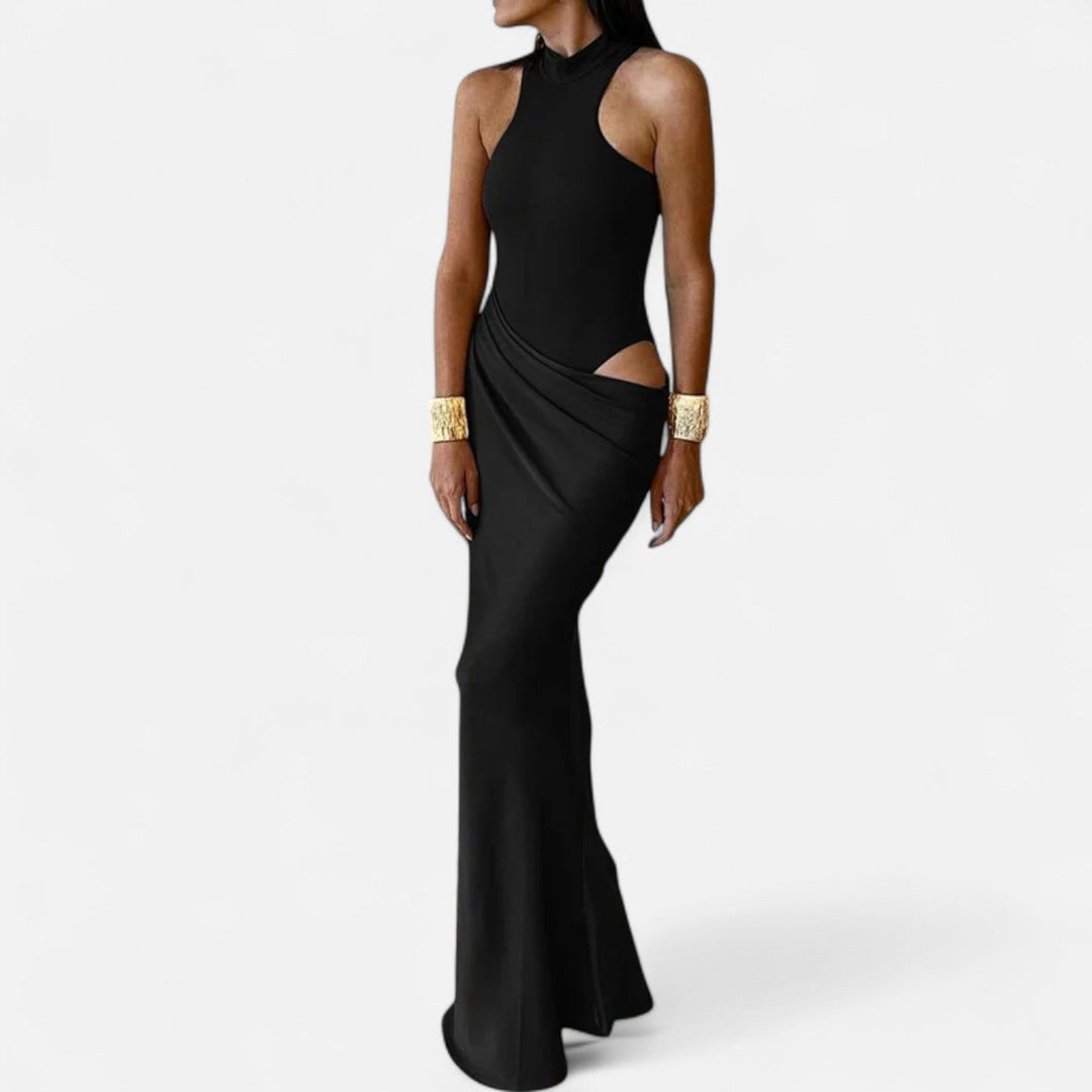 Valantomode | Women’s Satin Cut-Out Maxi Dress Silky Grace Sculpted Elegance