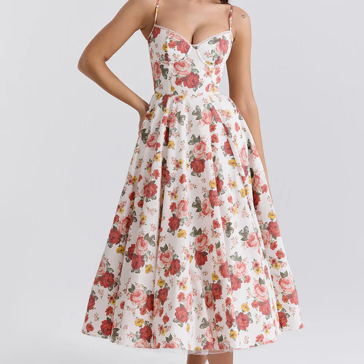 Valantomode | Stylish Corset Midi Dress with Feminine Floral Print