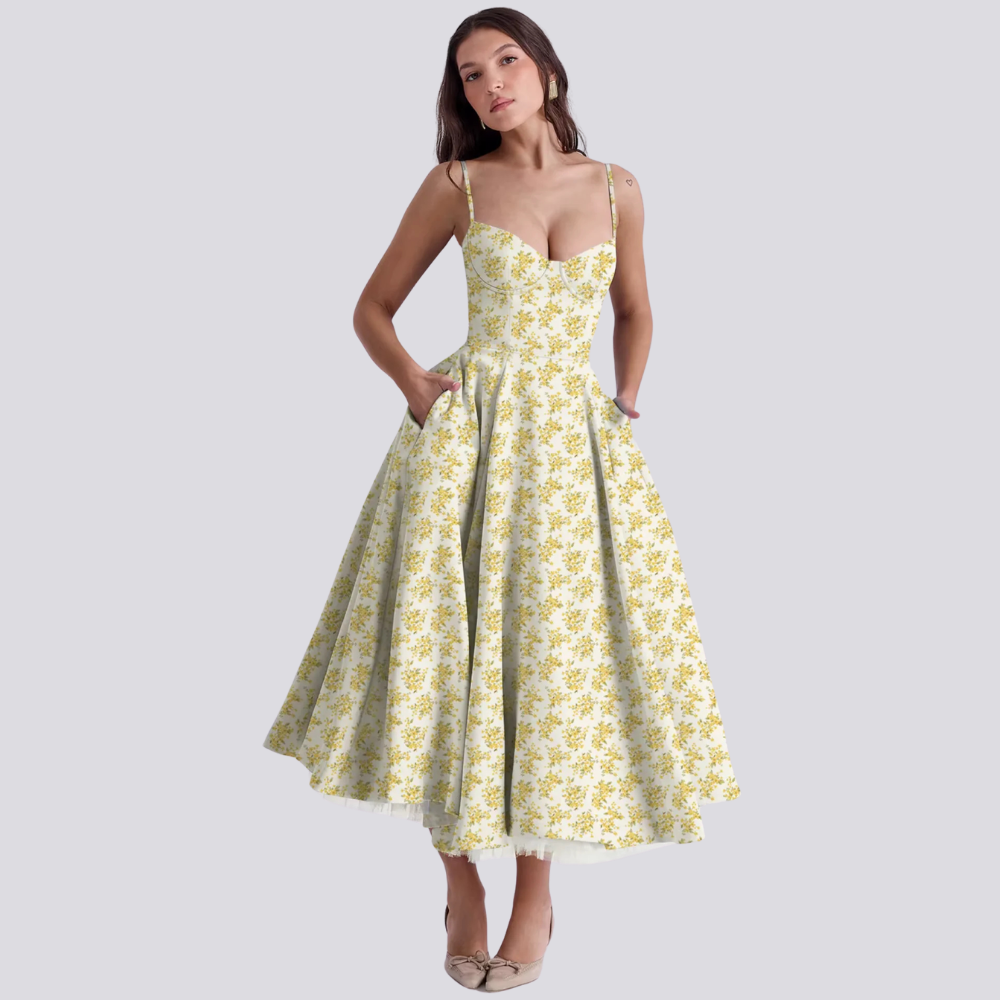 Valantomode | Stylish Corset Midi Dress with Feminine Floral Print