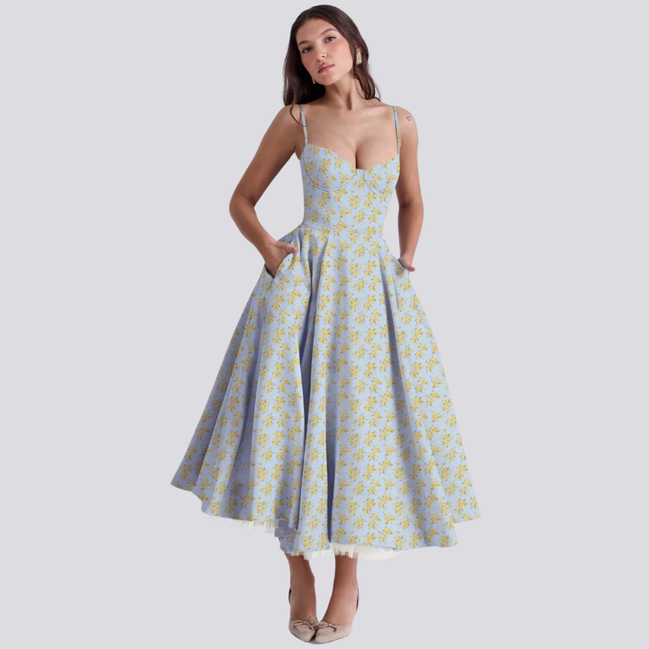 Valantomode | Stylish Corset Midi Dress with Feminine Floral Print