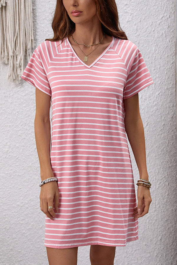 Valantomode | Chic V Neck Striped Mini Dress for Effortless Style