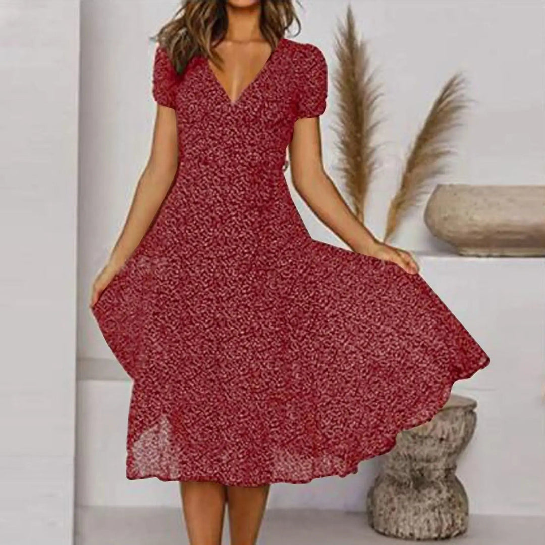 Valantomode | Stylish V-Neck Dress with Flowing Skirt for Spring Days