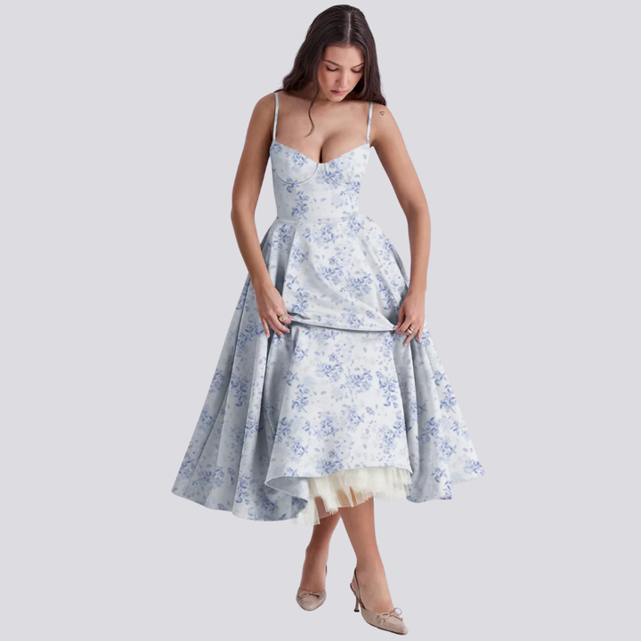 Valantomode | Stylish Corset Midi Dress with Feminine Floral Print