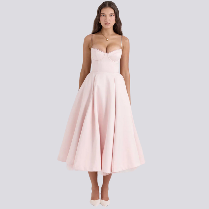 Valantomode | Stylish Corset Midi Dress with Feminine Floral Print