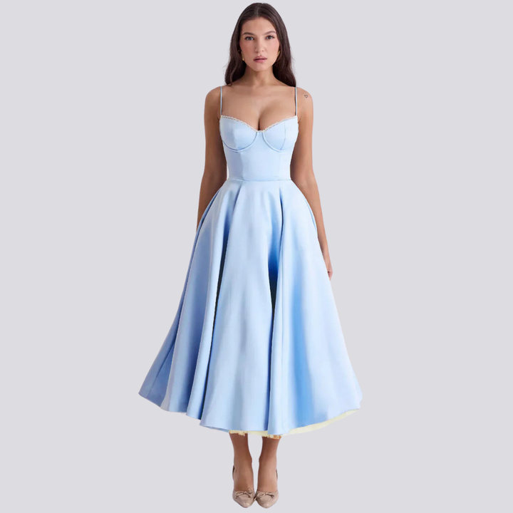 Valantomode | Stylish Corset Midi Dress with Feminine Floral Print