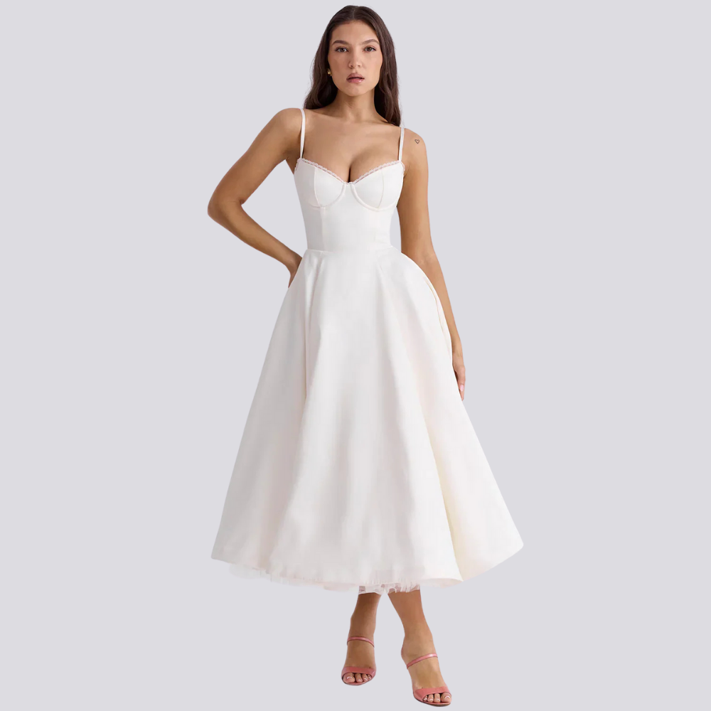Valantomode | Stylish Corset Midi Dress with Feminine Floral Print