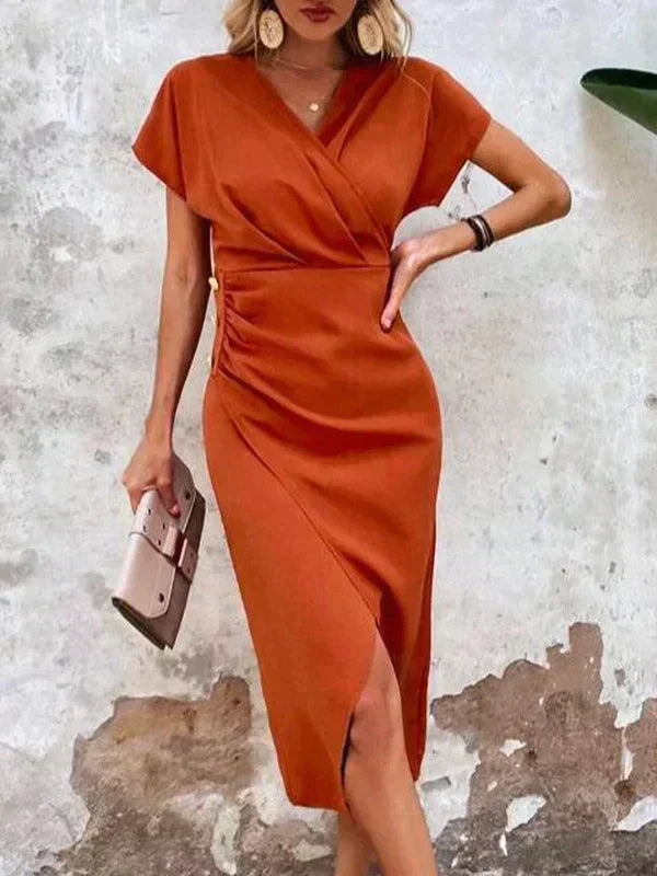 Valantomode | Ruches V-Neck Wrap Dress for Effortless Elegance
