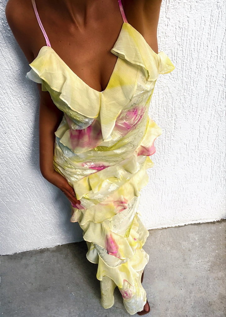 Valantomode | Elegant Yellow Ruffle Evening Dress for Stunning Nights
