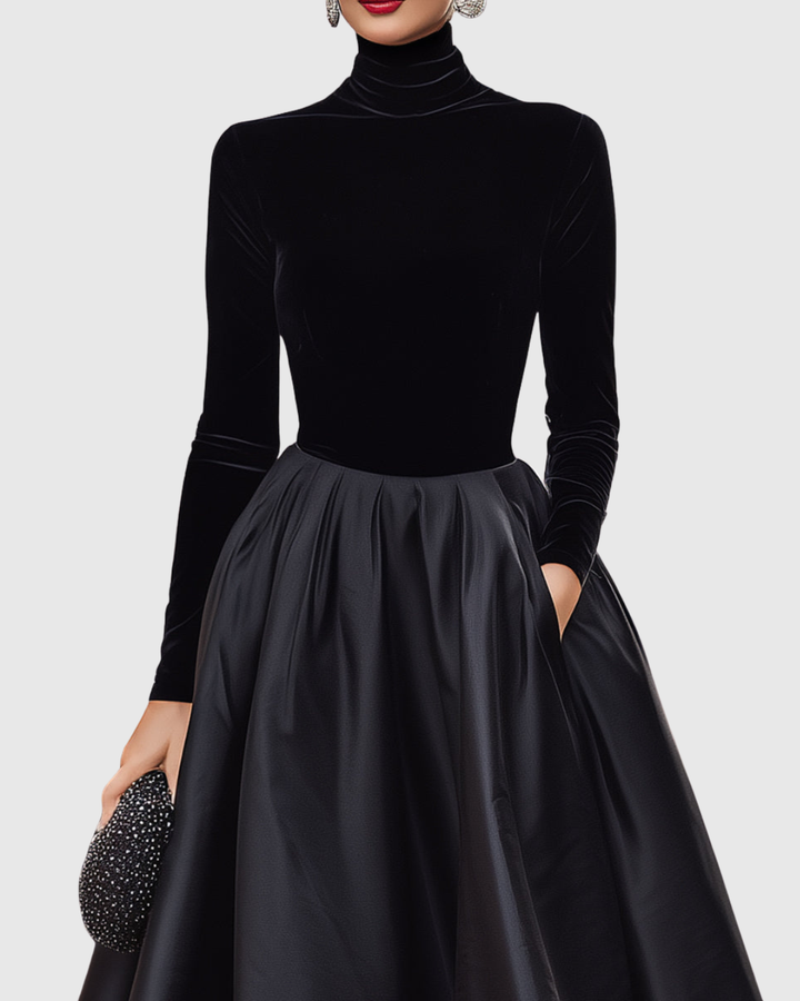 Valantomode | Chic Black Velvet and Satin Midi Dress for Evening Events